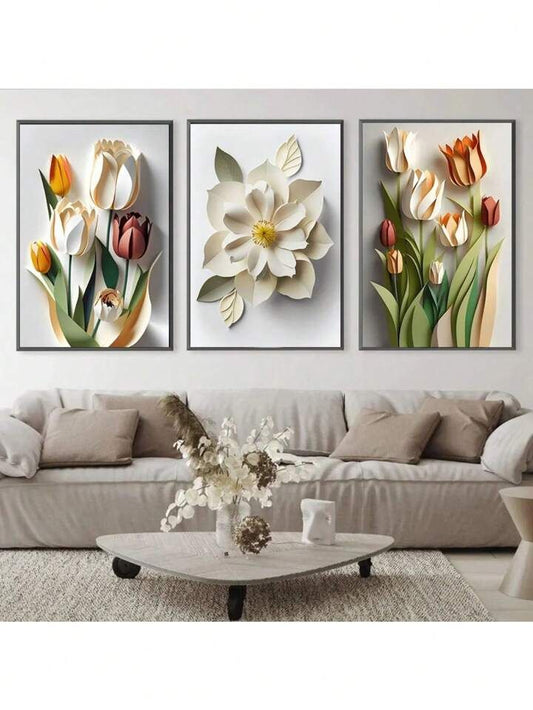 Modern 3D Effect Floral Wall Art Frames Set of 3 Elegant Paper Cut Style Tulips Blossoms Home Decor Size 8x11 Inches Each with Double Sided Tape